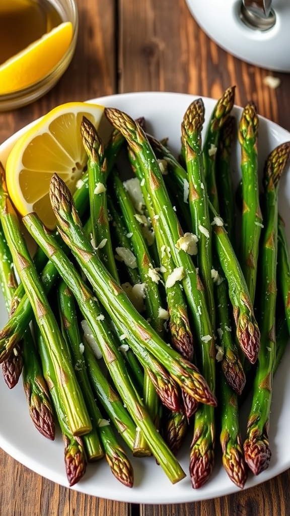 Roasted asparagus dish with garlic and Parmesan on a rustic table.